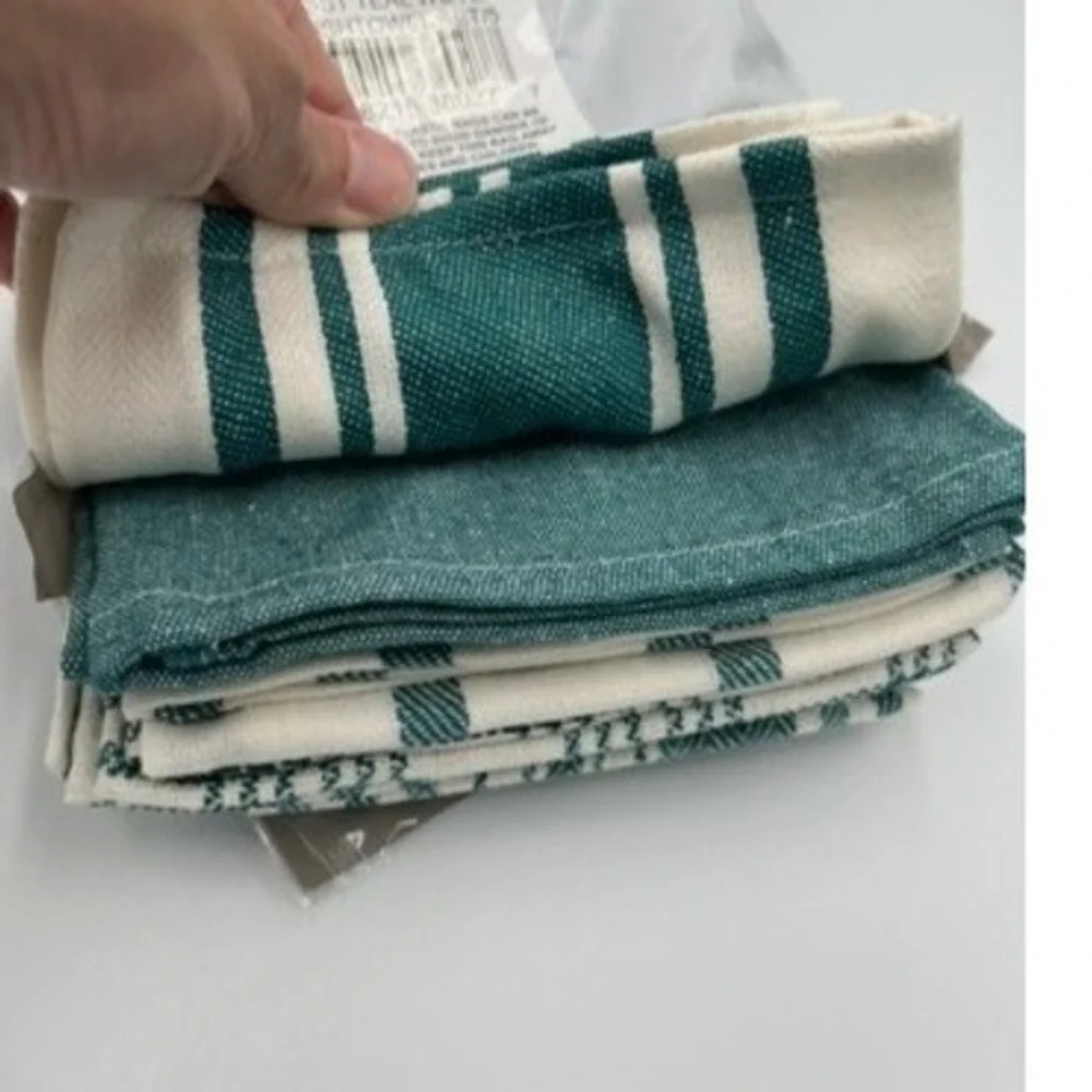 DII Woven Dishtowel Set 5pc Teal Stripe Plaid Farmhouse Kitchen New